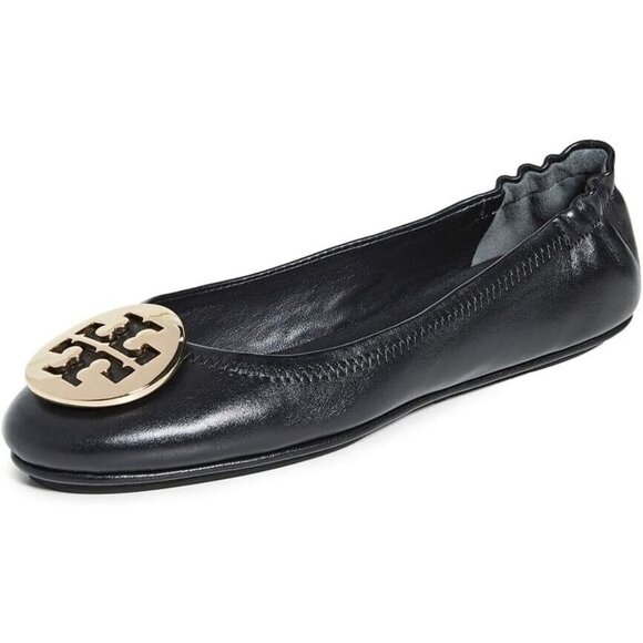 NWT $228 TORY BURCH BLACK LEATHER MINNIE TRAVEL BALLET FLATS US SIZE 4 - Picture 1 of 10